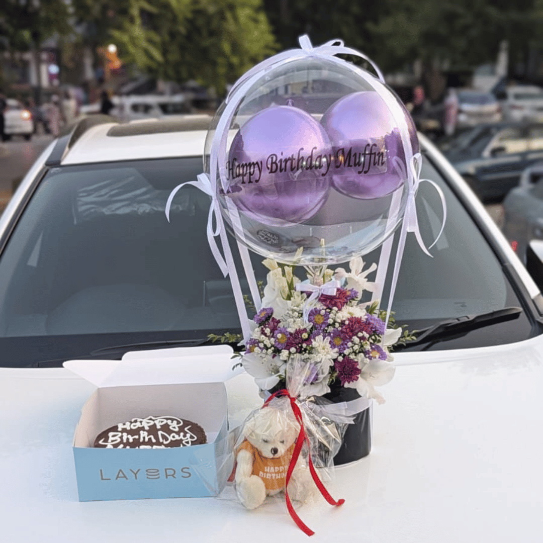 Purple Theme Balloon Box with Cake & Mini Teddy