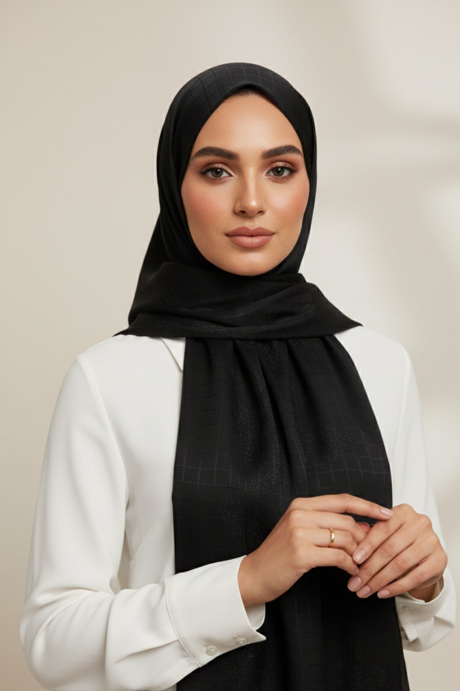 Self Check Embroidery Lawn Hijab - Black