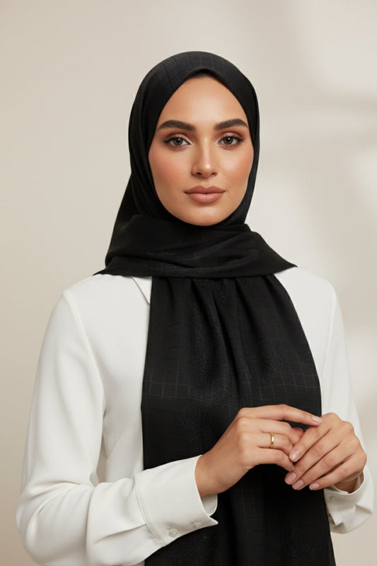 Self Check Embroidery Lawn Hijab - Black