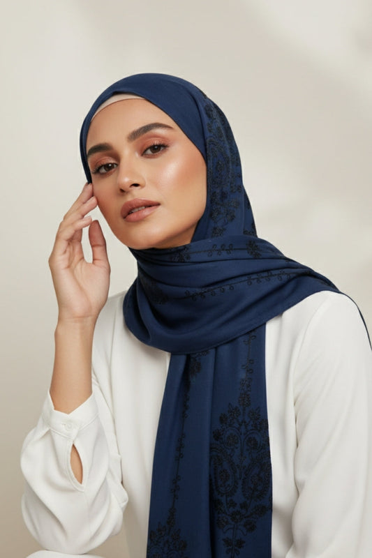 Self Embroidery Lawn Hijab - Cornish blue