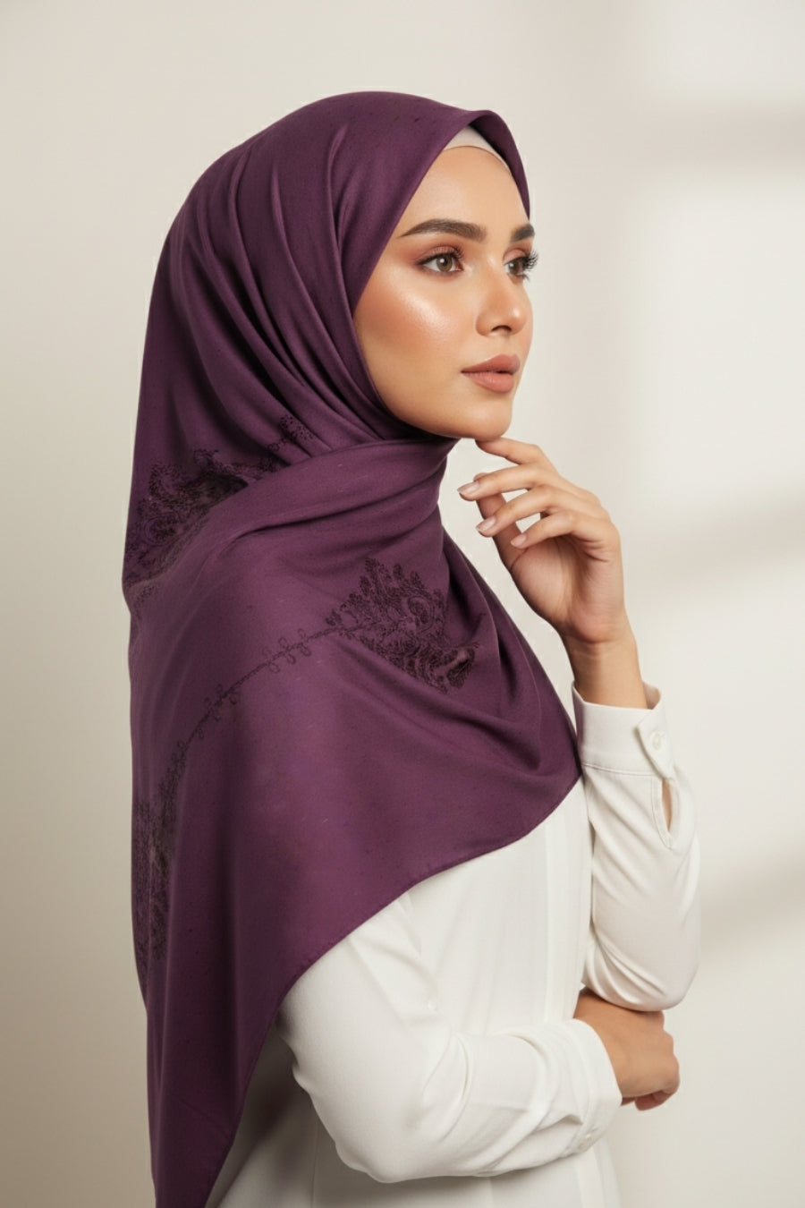 Self Embroidery Lawn Hijab - Grape