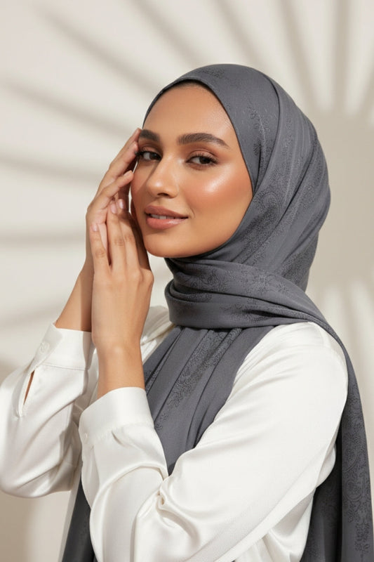 Self Embroidery Lawn Hijab - Grey