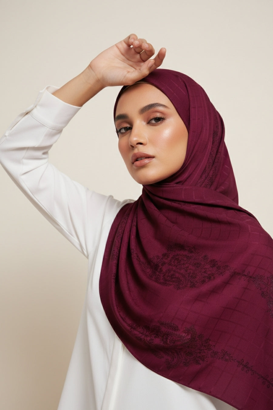 Self Check Embroidery Lawn Hijab - Maroon