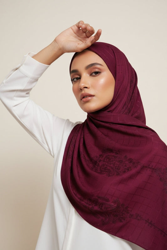 Self Check Embroidery Lawn Hijab - Maroon