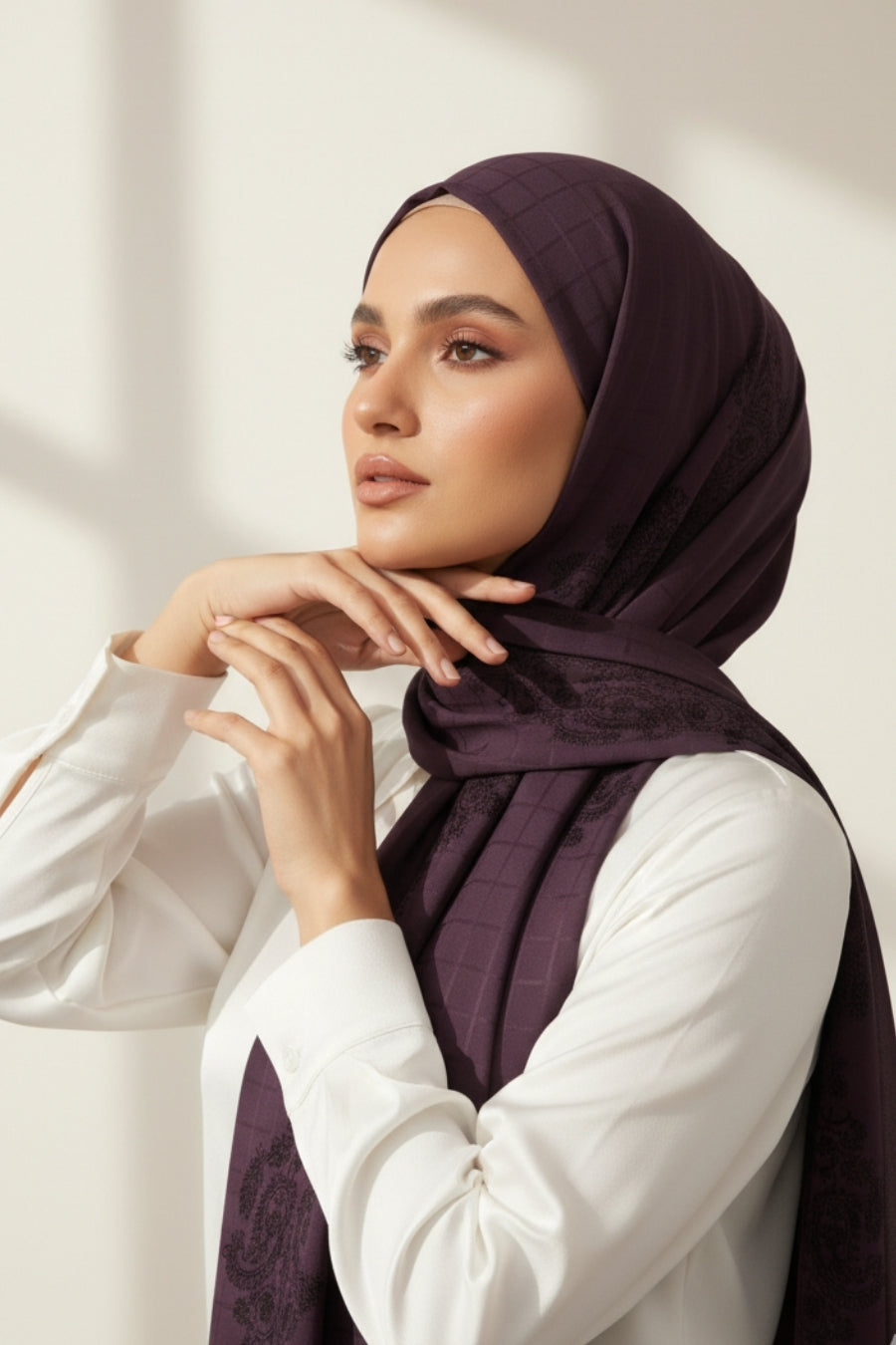 Self Check Embroidery Lawn Hijab - Plum