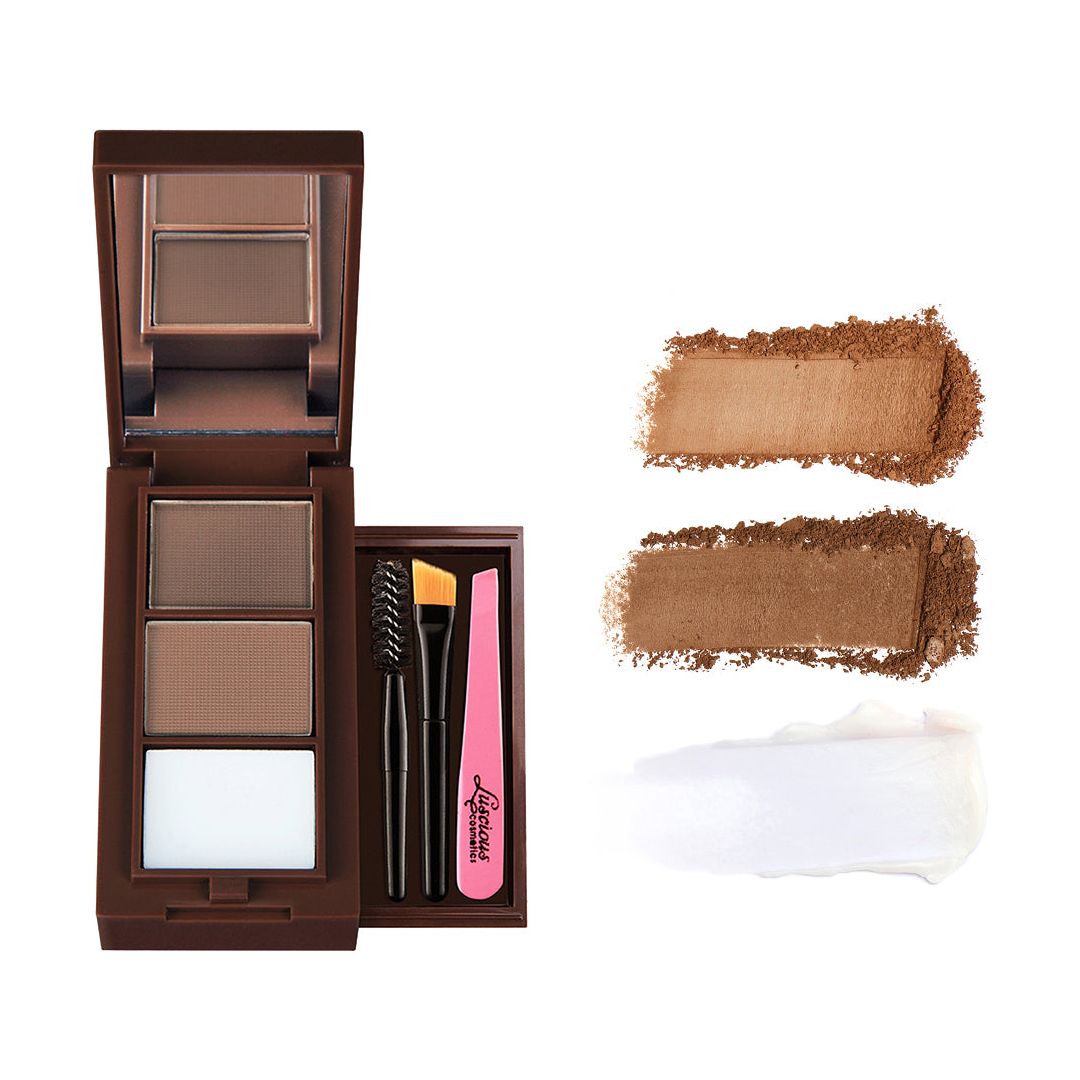 Luscious Cosmetics travel-friendly eyebrow tool kit featuring a mirrored compact with beige, medium brown, and dark brown brow powders, wax strip, tweezers, brushes, and eyebrow stencils.