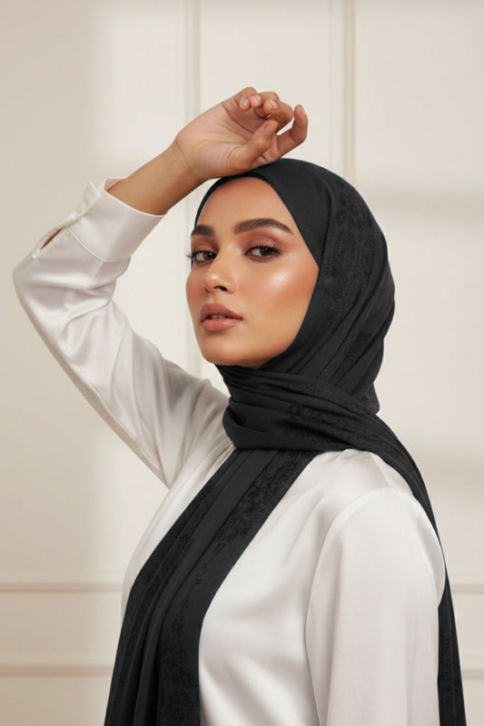 Self Embroidery Lawn Hijab - Ravin Black
