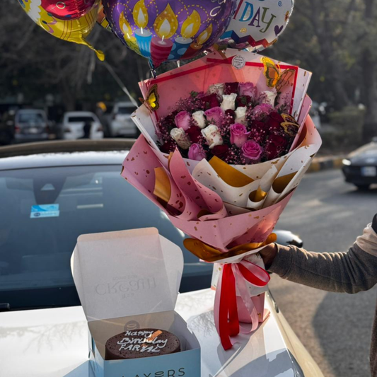 Birthday Special – Imported Flower Bouquet with Cake