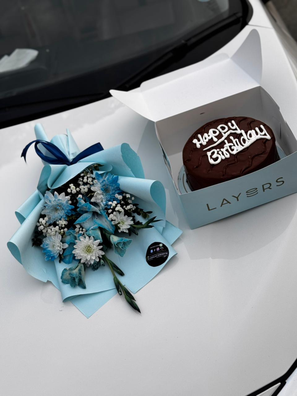 Chrysanthemum Bouquet for Him with Birthday Cake